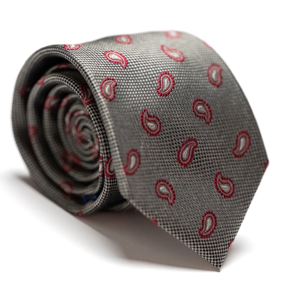 Broletto Elegant Gray‎ and Red Paisley Silk Necktie, EUC